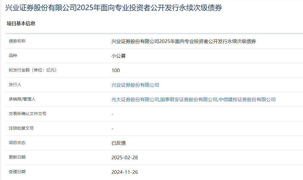 兴业证券100亿元小公募项目获反馈