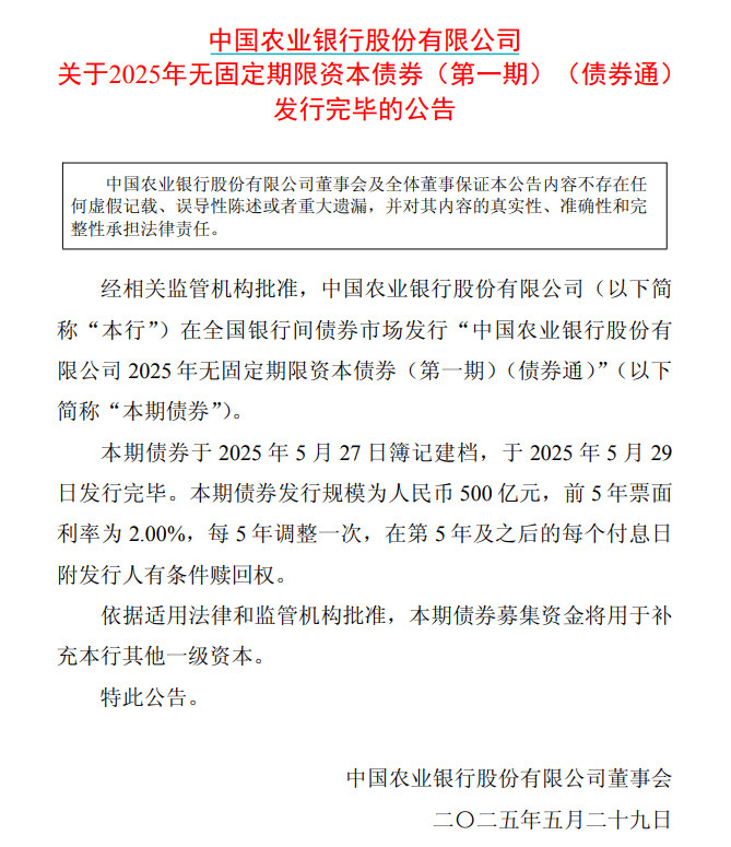 农业银行成功发行600亿元二级资本债